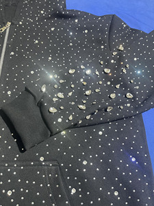 <b>Black</b> Mixed Rhinestone Crystal Cotton <b>Fleece</b> Full Zip Hoodies for Men Premium Streetwear Embellished Apparel Development - Product Image 2