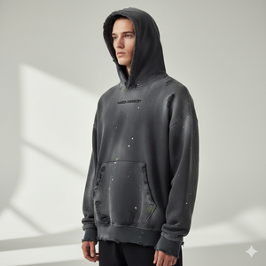 Fabricant de sweats à capuche zippés pour hommes, marque privée Ranzia Industry Factory, sweats à capuche en coton avec broderie effet vieilli, ensembles de survêtements. - Product Image 4