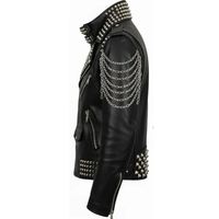 Blouson en cuir clouté style moto punk rock extrême, col montant, patch crâne à pointes, design patchwork, fermeture éclair, été, décontracté chic
