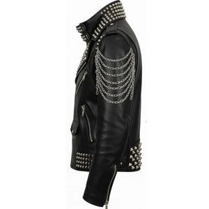 Chaqueta de cuero con tachuelas estilo punk rock extremo para motocicleta, cuello alto, parche de calavera con pinchos, diseño patchwork, cremallera de verano, casual elegante - Product Image 3