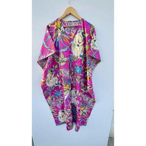 Robe kaftan en coton à imprimé floral pour femmes, col en V, taille ajustable avec cordon, style bohème, tenue de plage et de villégiature - Product Image 4