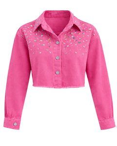 Veste en jean courte rose personnalisée pour femme avec fermeture boutonnée sur le devant ornée de strass, manches longues, style streetwear tendance - Product Image 1