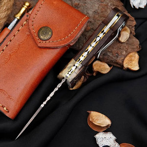 New Edition Copper Damascus Handmade Back <b>Lock</b> Folding Knife Stag Horn Rosewood Steel Bolster Handle Outdoor Hunting Knife - Product Image 5
