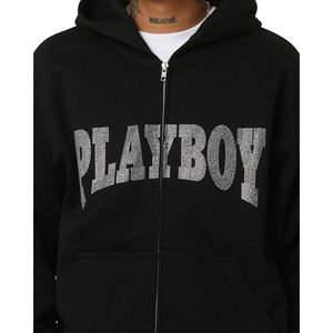 เสื้อฮู้ดดี้แฟชั่นไซส์ใหญ่แบบขายส่ง ประดับด้วยคริสตัล ลุควินเทจแบบฟอกสี ซิปหน้า ปักลาย апплика สำหรับผู้ชาย - Product Image 6