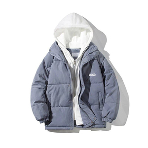 Blouson matelassé à capuche pour homme, couleur unie, fermeture éclair, coupe-vent, hiver, décontracté, rembourrage épais en polyester, coupe classique, logo frontal - Product Image 2