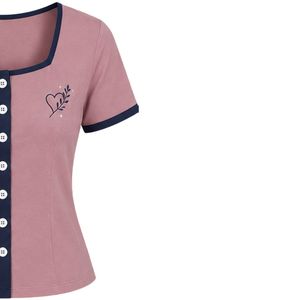 Pink And Navy Women Two Piece Shorts Set Square Neck Button <b>Top</b> Contrast Trim Embroidery Casual Summer Cotton Lounge Wear Outfit - Product Image 4