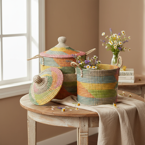 Handmade Colorful Coiled Seagrass <b>Basket</b> <b>with</b> <b>Lid</b> for Laundry Storage Closet Decor Eco-Friendly Organizer Bin - Product Image 5