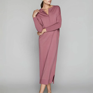 เดรสยาวผู้หญิงผ้าถักน้ำหนักเบาหรูหรา กระดุมแถวเดียว แขนยาว สีพื้นตามสั่ง ผ้าฝ้ายรักษ์โลก เอวธรรมชาติ - Product Image 3