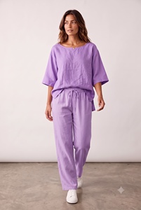 Two Piece Set Cotton Slub Solid Breathable Full Length O-Neck Top with Flare <b>Pant</b> Loose Fit Pockets Every Outfit Daily Wear - Product Image 1