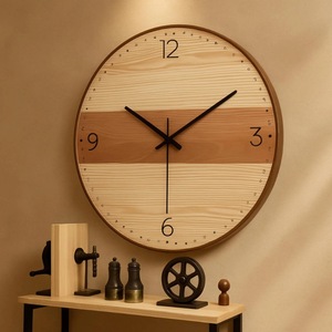 Horloge murale ronde en bois, design géométrique abstrait, quartz silencieux, style rustique, décoration de salon - Product Image 2