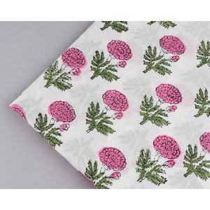 Floral White & Pink 100% Cotton Quilting Fabric by the yard Women Apparel Hand Block Print Running Sewing Fabric - Product Image 1
