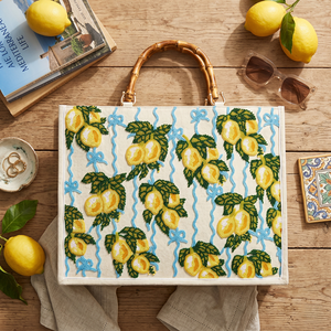 Sac fourre-tout pour femme en toile imperméable à imprimé citron, peint à la main, avec broderie et fermeture éclair, grande taille pour un usage quotidien décontracté - Product Image 2