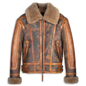 Veste en cuir marron pour homme Salva, doublure en fourrure embossée, fermeture éclair, coupe-vent, style moto, vêtement d'extérieur d'hiver, coupe régulière, col rabattable - Product Image 3