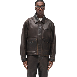 Blouson utilitaire en cuir véritable marron foncé pour homme, col ouvert, fermeture éclair dissimulée, poche zippée sur la poitrine, poches à rabat, vêtements d'extérieur personnalisés - Product Image 5