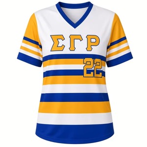 Maillot de baseball rayé Sigma Gamma Rho pour femme, blanc, bleu, or, col en V, manches courtes, vêtements de sororité grecque, tenue athlétique - Product Image 3
