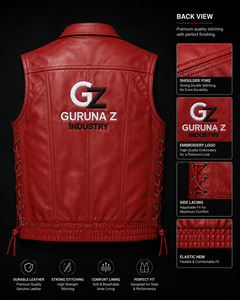 Gilet de moto sans manches en cuir rouge pour homme GURUNA Z INDUSTRY, logo brodé sur le dos, patchwork, coupe-vent, veste d'automne 220g - Product Image 4