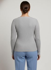 Suéter Gris con Cuello Redondo y Tejido Acanalado para Mujer, Top de Punto Elástico de Manga Larga - Product Image 3