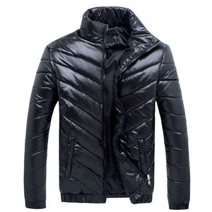 <b>Men's</b> Black Cotton Quilted <b>Long</b> Jacket Stand Collar Zipper Closure <b>Waterproof</b> Windproof Casual Winter <b>Coat</b> Slim Fit Polyester - Product Image 1
