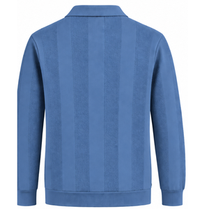 <b>Sky</b> <b>Blue</b> Mens Long Sleeve Knitted Polo Shirt Vertical Textured Stripe Design Ribbed Cuffs Premium Casual Pullover Fashion <b>Top</b> - Product Image 2