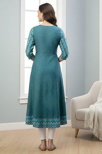 Kurti Anarkali con estampado geométrico para mujer, talla grande, cuello redondo, manga tres cuartos, ropa étnica, kurta en tela de rayón y algodón - Product Image 3