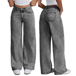 Pantalon en jean OEM 2026 taille haute coupe droite pour femme avec broderie nœud, coupe ample, décontracté et respirant - Product Image 1