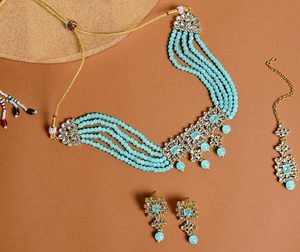 Conjunto de Collar y Pendientes de Cristal con Flores Chapadas en Oro, Joyería Vintage para Mujer, Aleación, Imitación de Perla, Azul Turquesa - Product Image 4