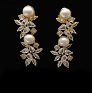 Ensemble collier et boucles d'oreilles en laiton finition or blanc, avec perle blanche et pierre magnifique, pour cadeau de fiançailles, fête de mariage - Product Image 2