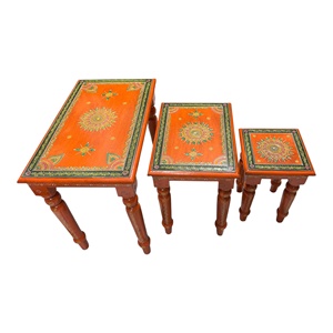 Handmade Durable Multi-Functional Wooden <b>Nesting</b> <b>Tables</b> Set 3 Rectangle Bohemian Style Side Accent <b>Tables</b> Floral Pattern Decor - Product Image 3