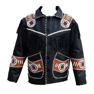 Veste en cuir véritable noire personnalisée en gros, style western, avec franges, perles et pompons, pour cowboy, rodéo et ranch - Product Image 5