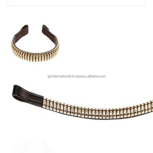 Top qualité prix de gros bandeau de sourcil de cheval en cuir de forme droite noir ou marron avec pneu doré et chaîne combinée transparente - Product Image 5