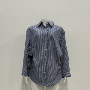 Women's Striped Button Down Shirt - Oversized Long Sleeve Casual Blouse Top, Cotton Blend Loose Fit Collared <b>Tunic</b> Shirt - Product Image 3