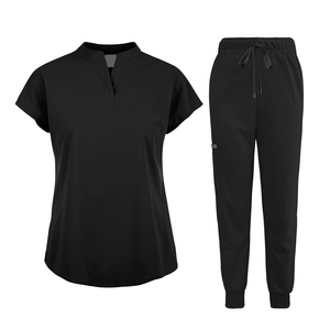 Conjunto de uniforme médico personalizado para mujer, negro, con blusa de manga corta y pantalones jogger, de tejido de poliéster, para hospital, con detección de agujas - Product Image 3