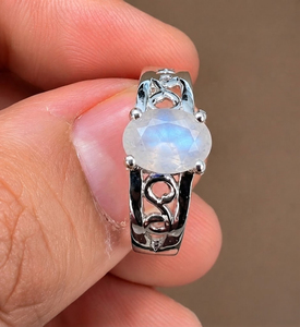 Rhaya Jewels Vintage Elegant Engagement Rhodium Plated 925 Sterling Silver Oval Cut Moonstone Prong Setting Dainty Band <b>Ring</b> - Product Image 1