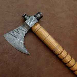 Double Blade Damascus Steel Axe With Wooden Handle Bearded Head Tactical Hunting Axe For <b>Tree</b> Felling - Product Image 3