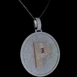 Colgante Redondo de Plata con Moissanita Iced Out, Letra P, Corte Baguette, Borde Azul, Estilo Hip Hop, Unisex - Product Image 3