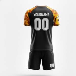 Ensemble de maillots de football géométriques jaunes et orange personnalisés, manches courtes, col en V, polyester respirant, pour hommes adultes, nom de l'équipe imprimé - Product Image 2