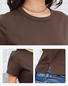 T-shirt en tricot décontracté pour femme Stile, col rond, manches courtes, coupe ample, séchage rapide, couleur unie, toutes saisons, marron foncé - Product Image 6