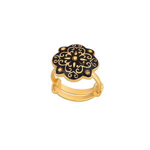 Women Gold Plated <b>Adjustable</b> Finger <b>Ring</b> with Black Enamel Floral Pattern Designer Jewelry Gift Wedding Wear - Product Image 1