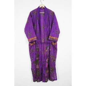 Kimono japonais pour femmes en soie indienne, patchwork, col en V, fermeture à cordon, longueur intégrale, manches trois-quarts, 100% soie douce - Product Image 1