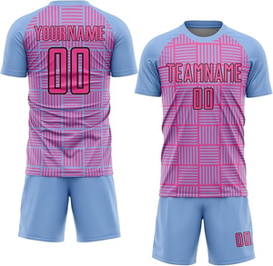 Conjunto de Camiseta de Fútbol Unisex Personalizada, Cuello Redondo, Manga Corta, Azul y Rosa, Estampado Geométrico, Poliéster que Absorbe la Humedad, Uniforme para Todas las Temporadas - Product Image 1