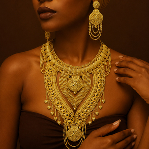 Wholesale Fashion Jewelry, 14K 18K 24K Gold Filled Floral Design Bridal Jewelry Set, Traditional Dubai Style Heavy <b>Necklaces</b> Set - Product Image 2