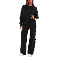 Ensemble de survêtement pour femmes à imprimé léopard, 2 pièces, pantalon large noir, tenue décontractée, tricot en coton et élasthanne, col rond, manches longues