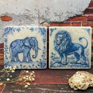 Luxury Watercolour Marble Coaster Set With Lion and <b>Elephant</b> Design Natural Stone Handmade For Home <b>Decor</b> Table Coffee Use - Product Image 3