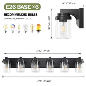 Lampada da Bagno Moderna a 6 Luci, Illuminazione per Vanità Nera con Paralume in Vetro Trasparente, Apparecchio Luminoso a 6 Luci per Bagno - Product Image 4