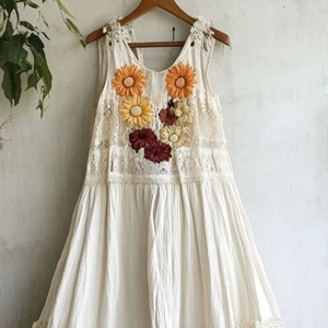 Nouvelle arrivée : robe maxi en coton ivoire style vintage, respirante, texturée, col en V, sans manches, pour femmes - Product Image 1