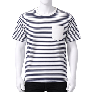 Camiseta a rayas para hombre con logotipo personalizado, bolsillo en contraste, 100% algodón, informal, de manga corta. - Product Image 1