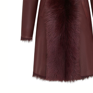 Burgundy Color Women's Toscana Sheepskin <b>Hooded</b> Trench <b>Jacket</b> Lightweight Polyester Lined Luxury Winter Leather Wear - Product Image 6