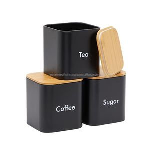 Caja de almacenamiento de contenedores moderna de acero inoxidable con acabado de revestimiento de polvo negro Tapa de madera de forma cuadrada 3 Almacenamiento organizador - Product Image 2