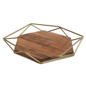 Bandeja Redonda Hexagonal de Madera y Hierro Pulido, Ecológica, Color Dorado - Product Image 4