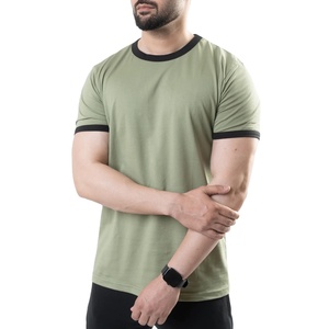 เสื้อยืดผู้ชายคอกลมแขนสั้นคอตตอนสีทึบคอ100% เสื้อผ้าสำหรับยิมลำลองคอสีตัดกัน - Product Image 3